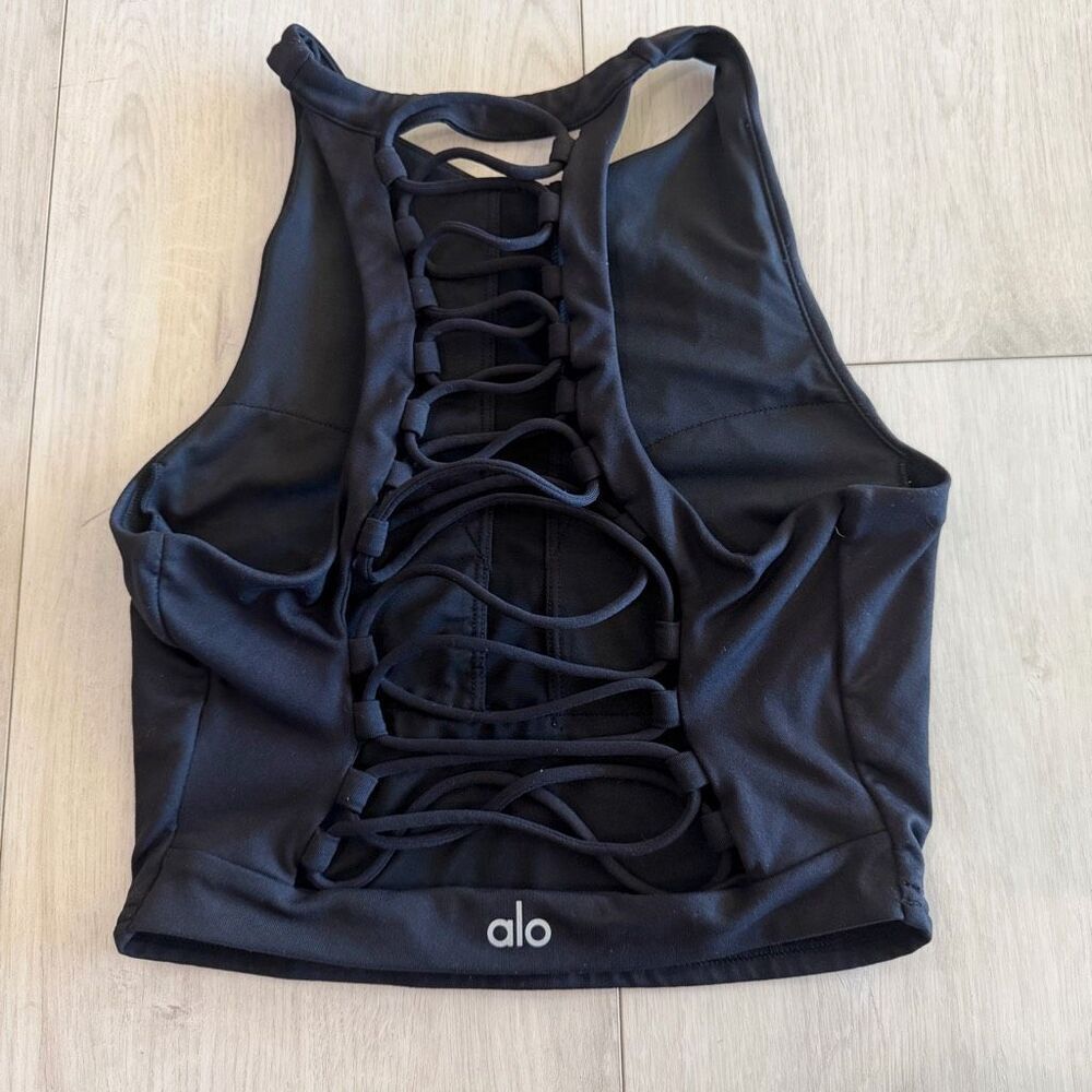 Alo Yoga Movement Sports Bra Crop Top Lace Up Corset Small Black - Picture 2 of 8